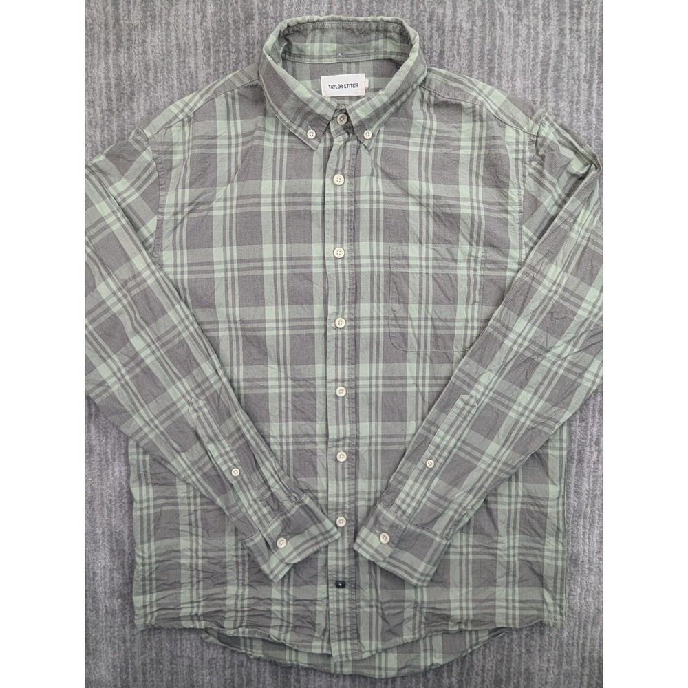 Taylor Stitch Shirt Mens 40 / Medium Gray Green Plaid Button Down Casual Classic